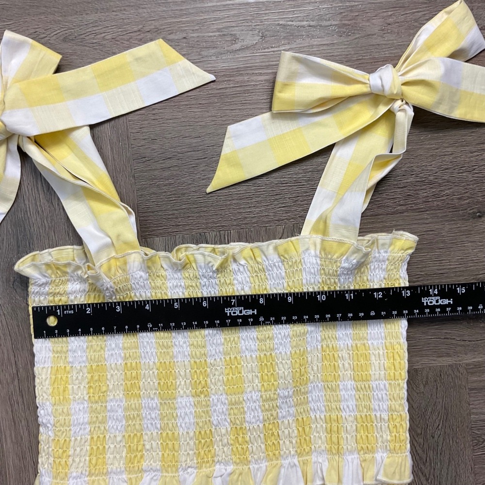 AQUA Gingham Smocked‎ Tiered Tie Shoulder Bows Dress Womens Medium Yellow White - Picture 6 of 8